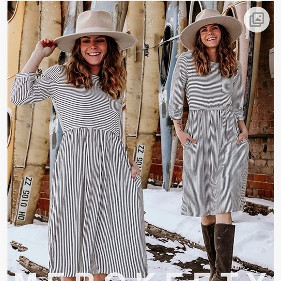 MEROKEETY Women's 3/4 Balloon Sleeve Striped High Waist Dress with pockets - Picture 2 of 11